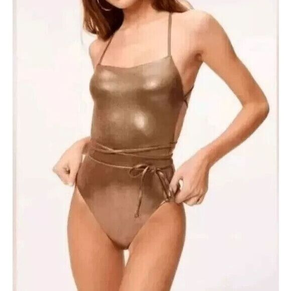 Good American GSW0271 Sz 6/3X Mocha Foil Barely There Tie Wrap 1-Pc Swimsuit - Picture 1 of 5
